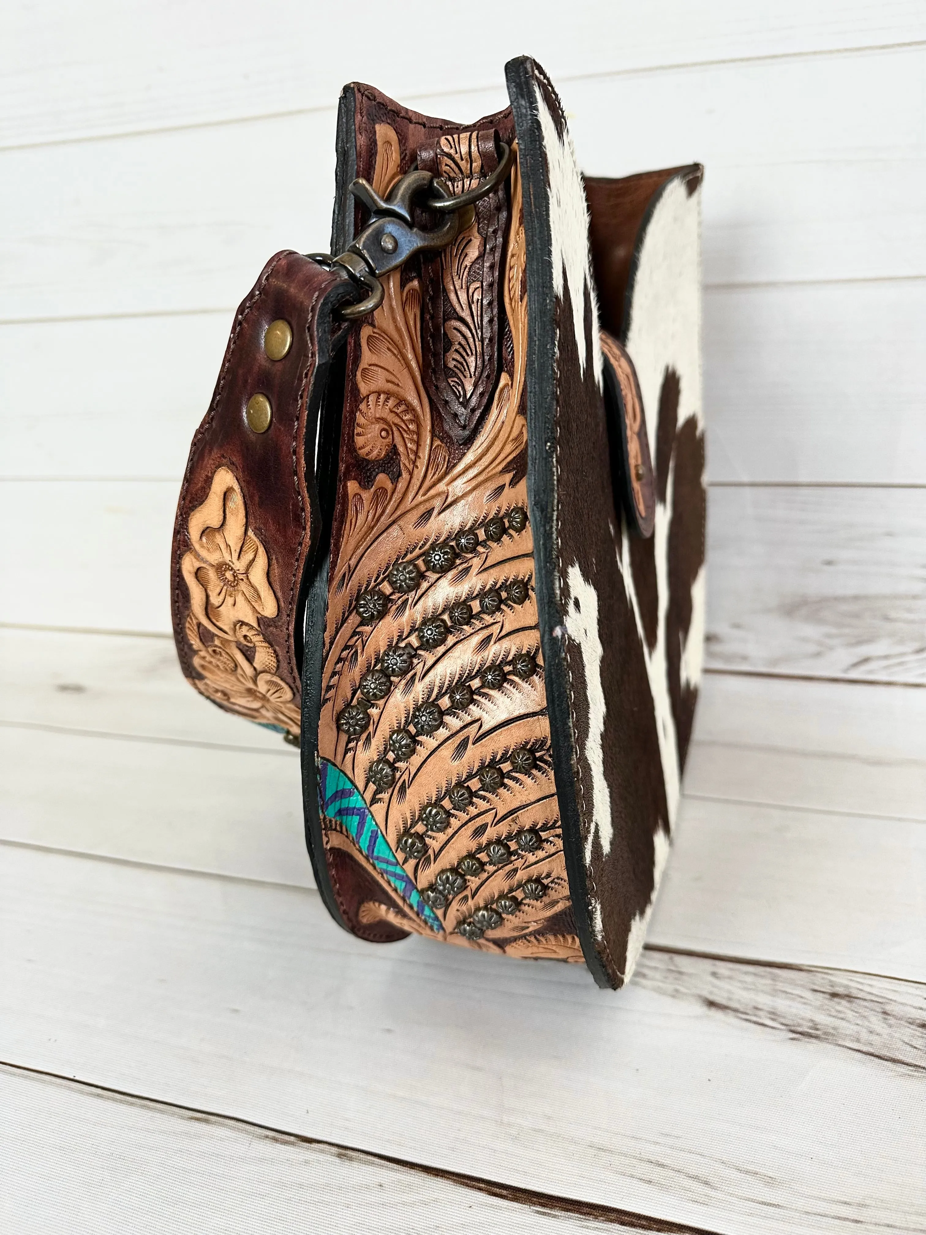 Western Leather Tooled and Cowhide Structured Hobo Handbag