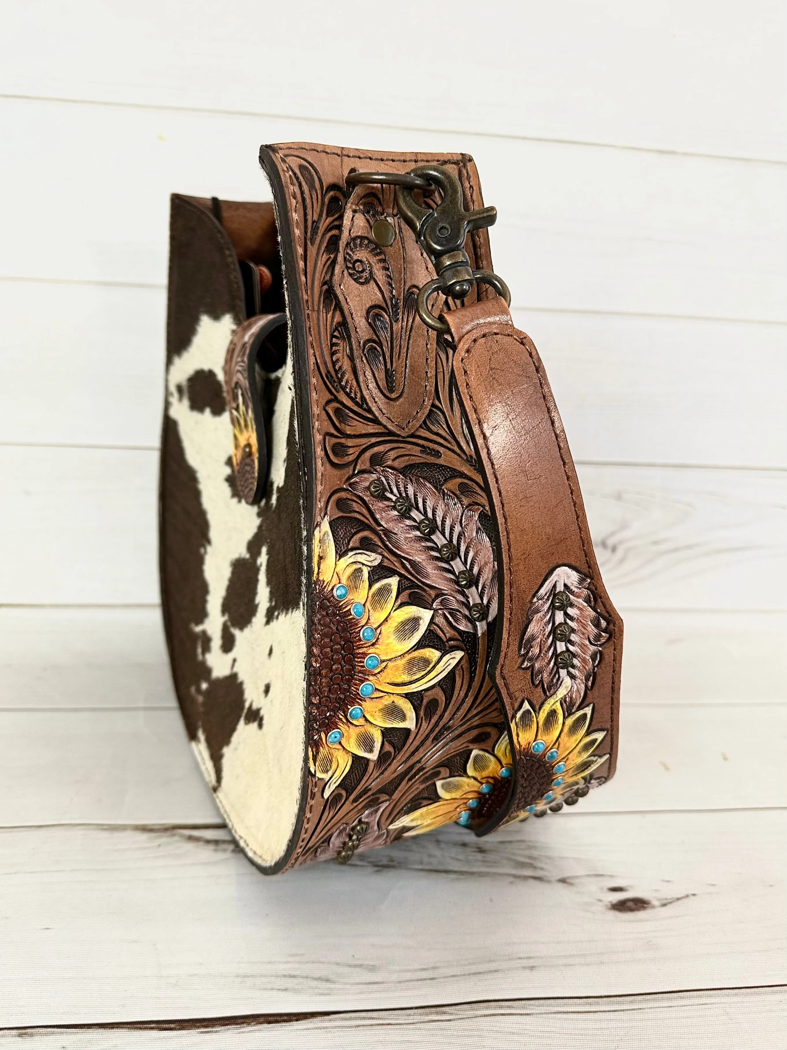 Western Leather Tooled and Cowhide Structured Hobo Handbag