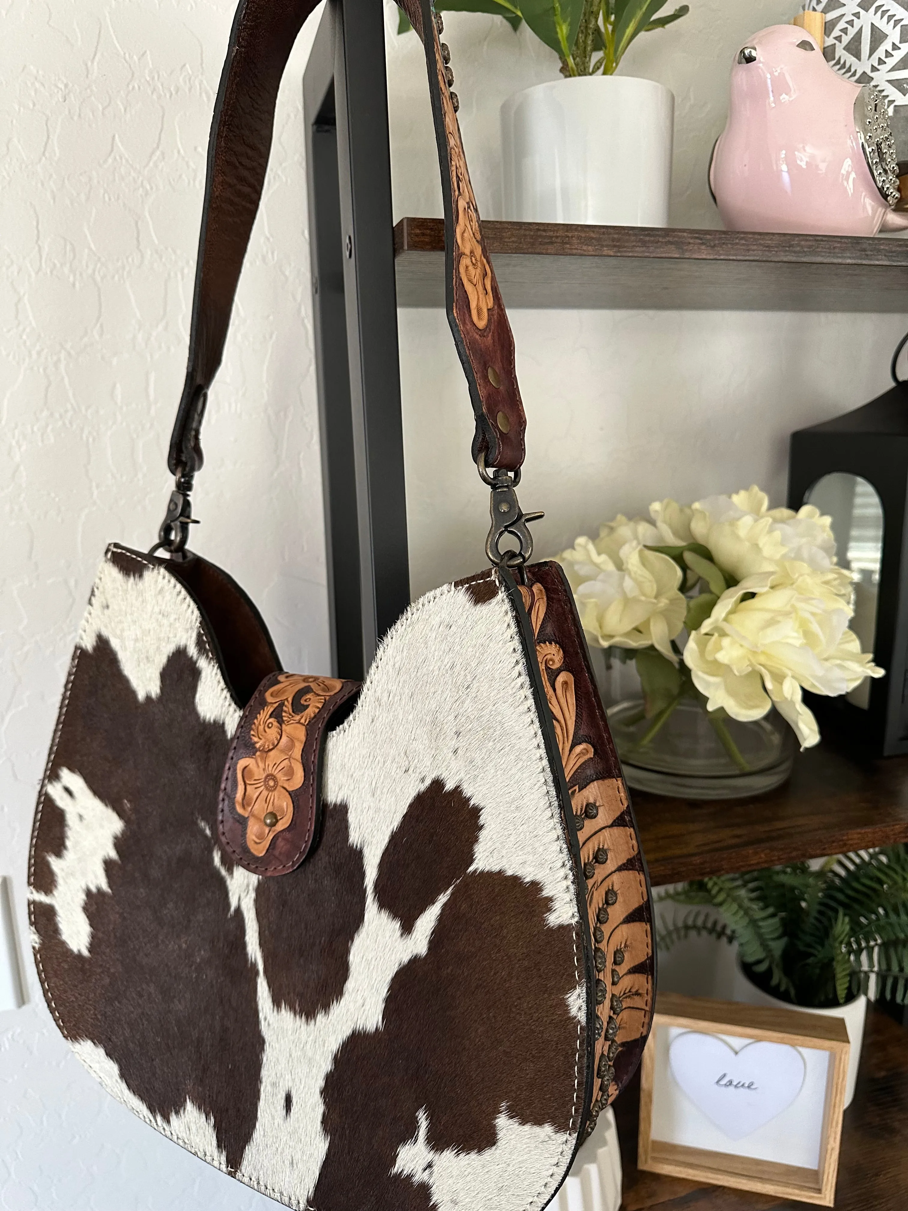 Western Leather Tooled and Cowhide Structured Hobo Handbag