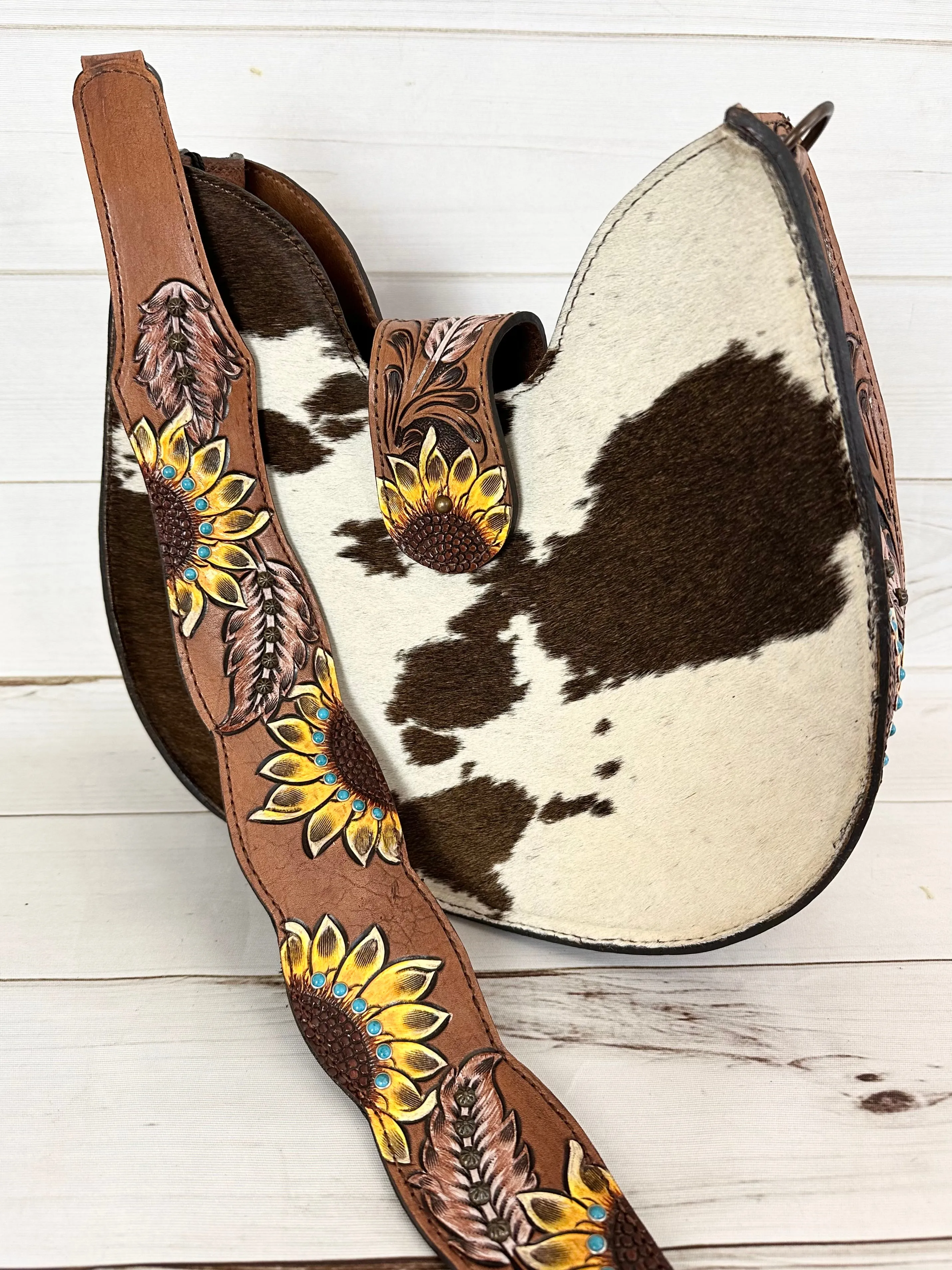 Western Leather Tooled and Cowhide Structured Hobo Handbag