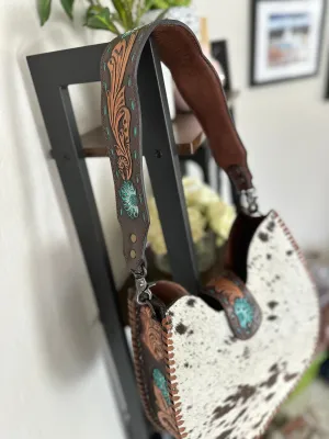 Western Leather Tooled and Cowhide Structured Hobo Handbag