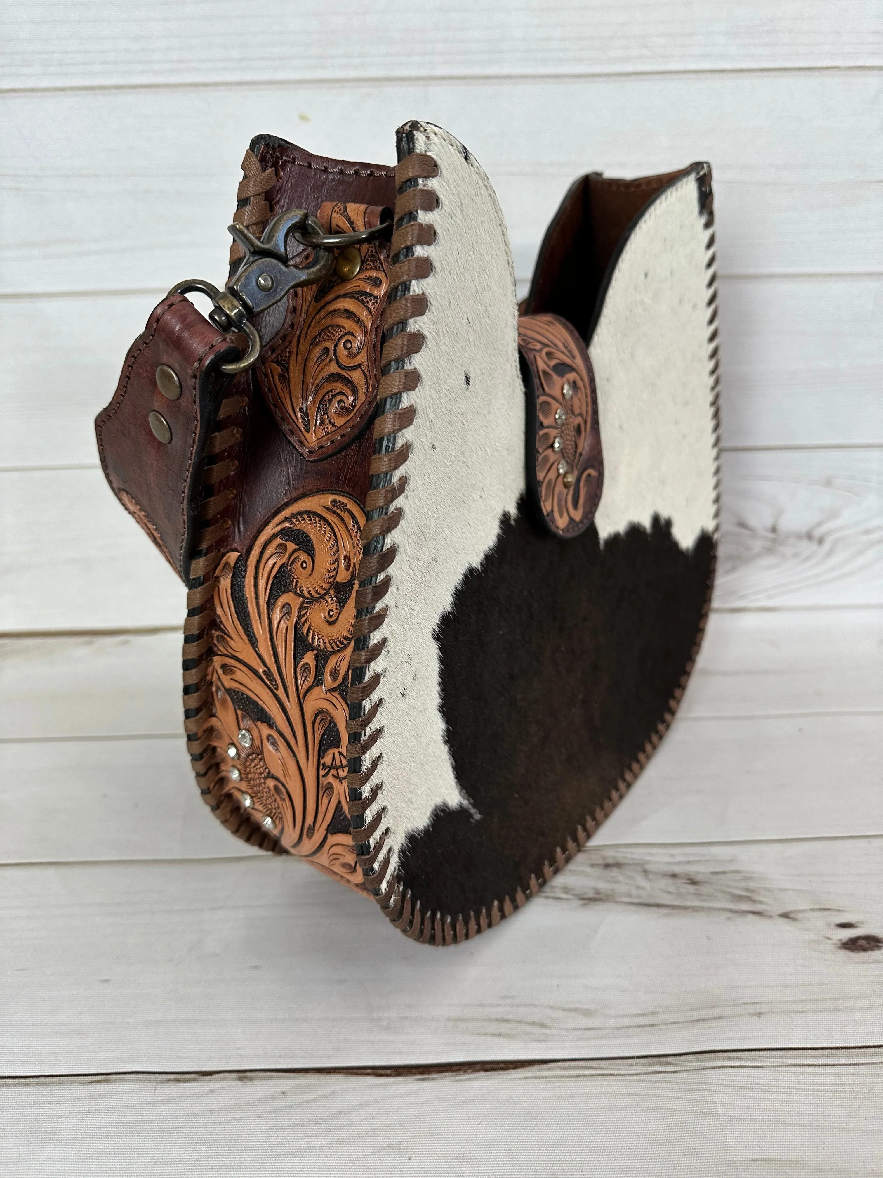 Western Leather Tooled and Cowhide Structured Hobo Handbag