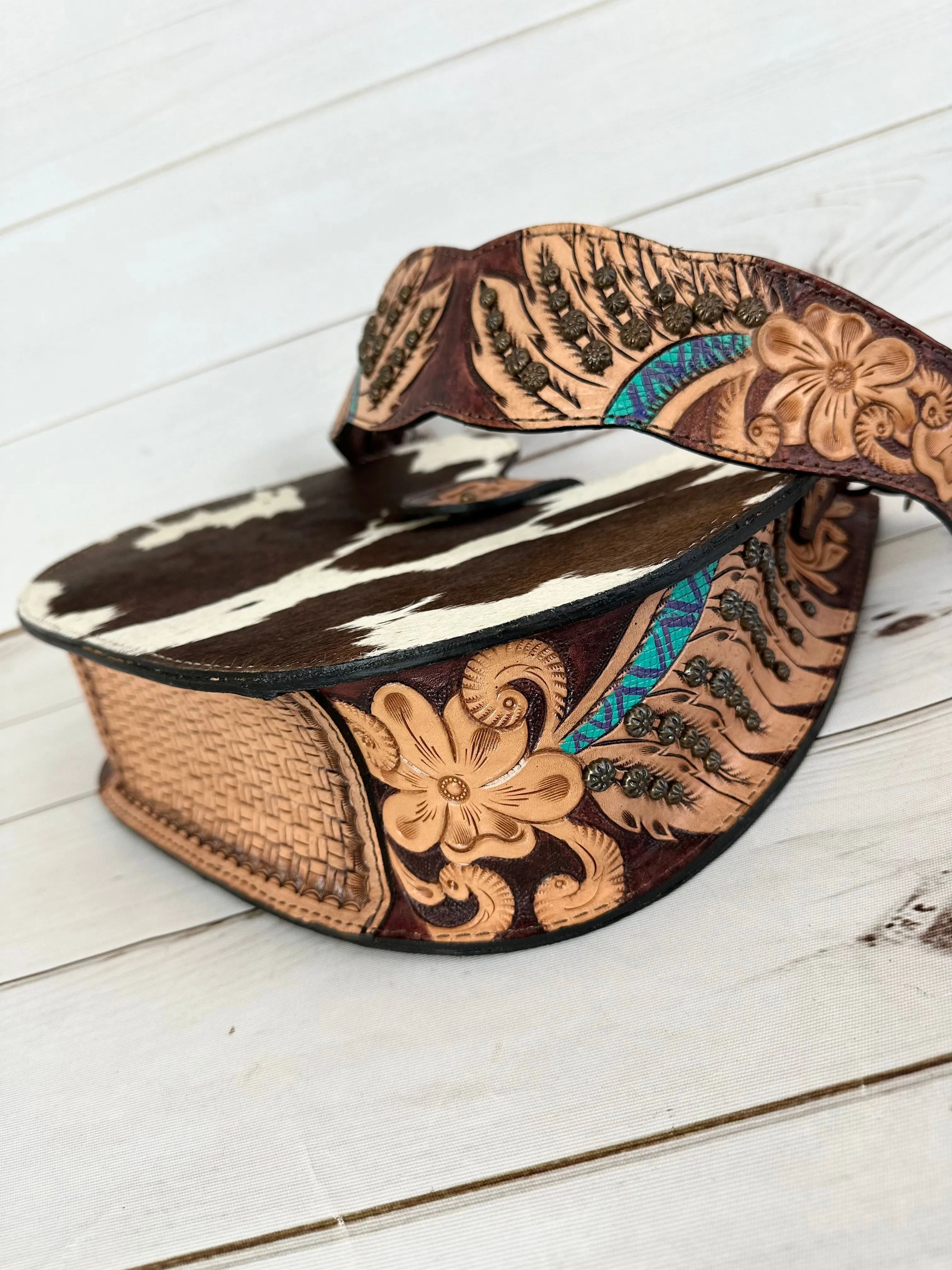 Western Leather Tooled and Cowhide Structured Hobo Handbag