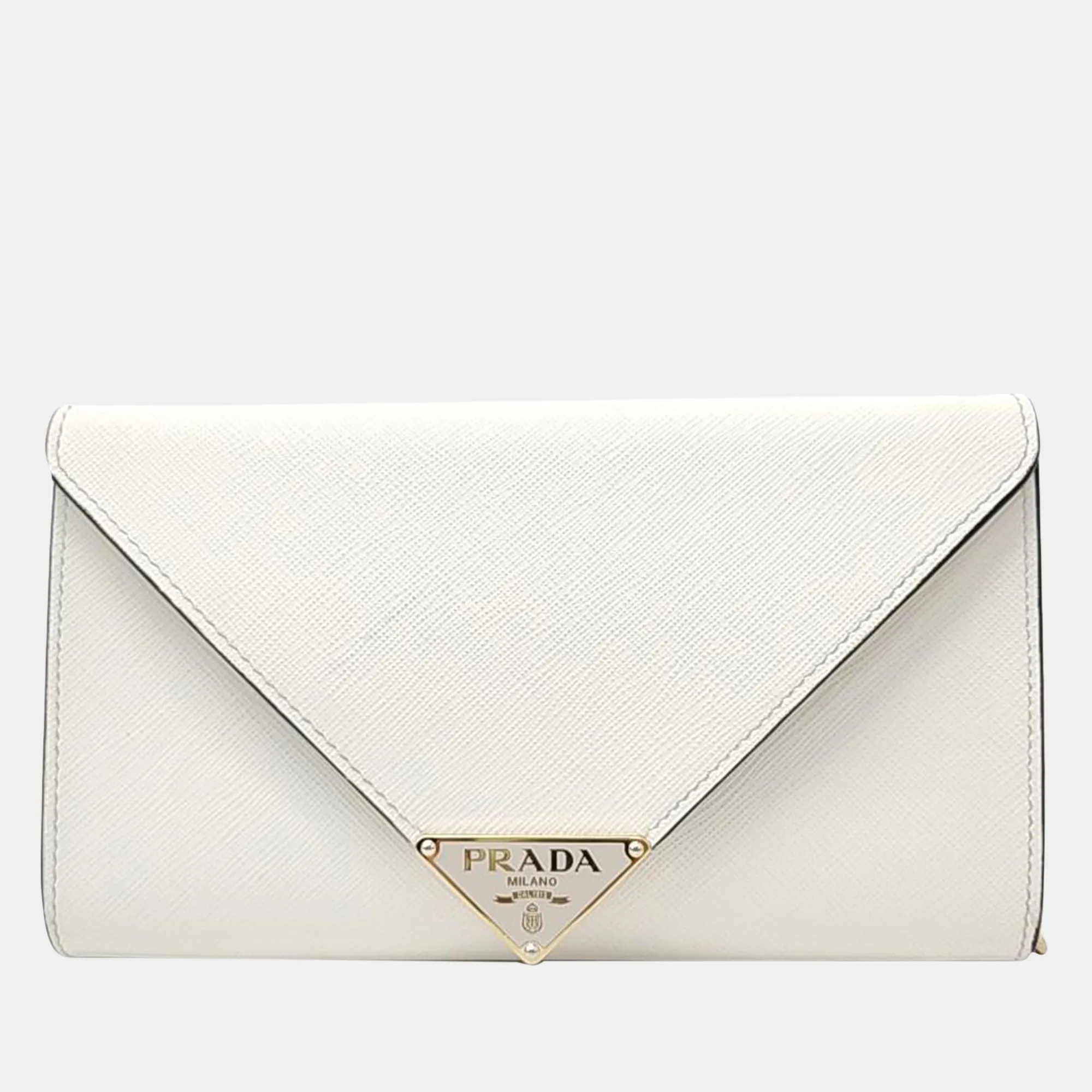 White Saffiano Leather Chain Clutch Bag