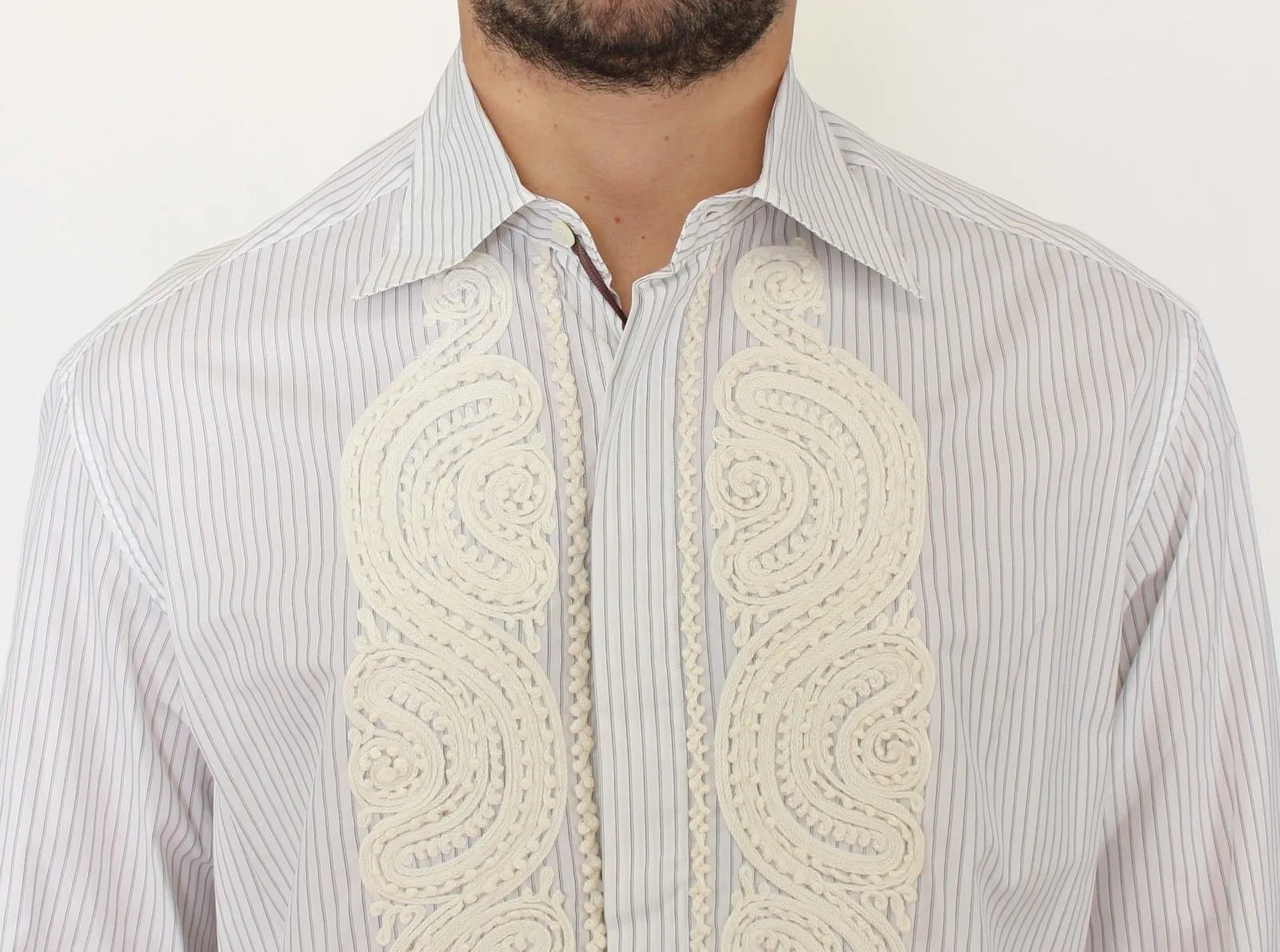 White Striped Embroidered Casual Shirt