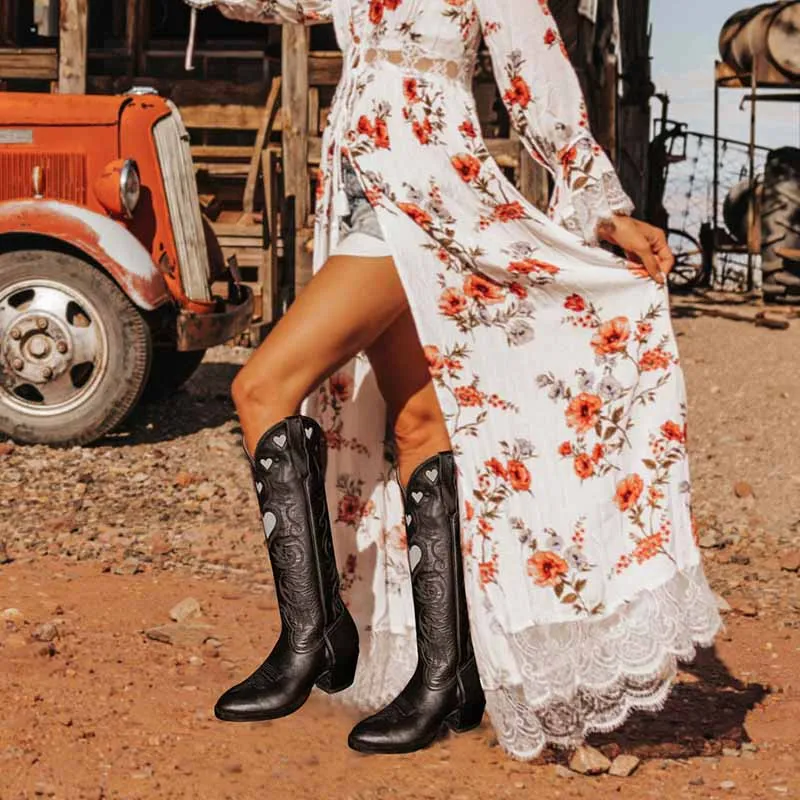 Women Embroidery Heart Cowgirl Boots Colorful Knee High Boot
