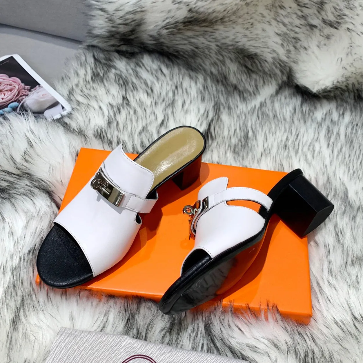 Women Natural Leather Peep Toe Slippers  High Heels