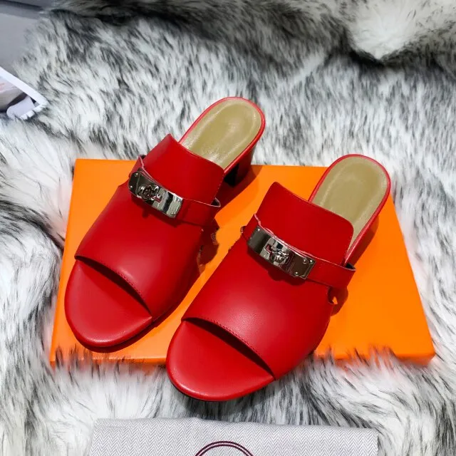 Women Natural Leather Peep Toe Slippers  High Heels