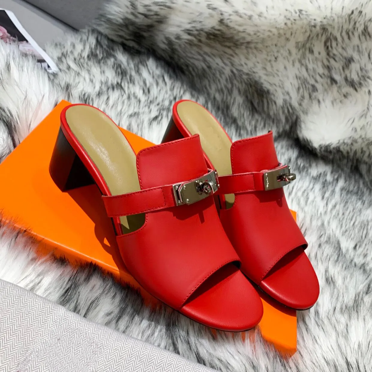 Women Natural Leather Peep Toe Slippers  High Heels