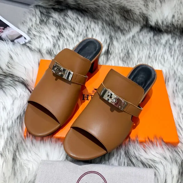 Women Natural Leather Peep Toe Slippers  High Heels