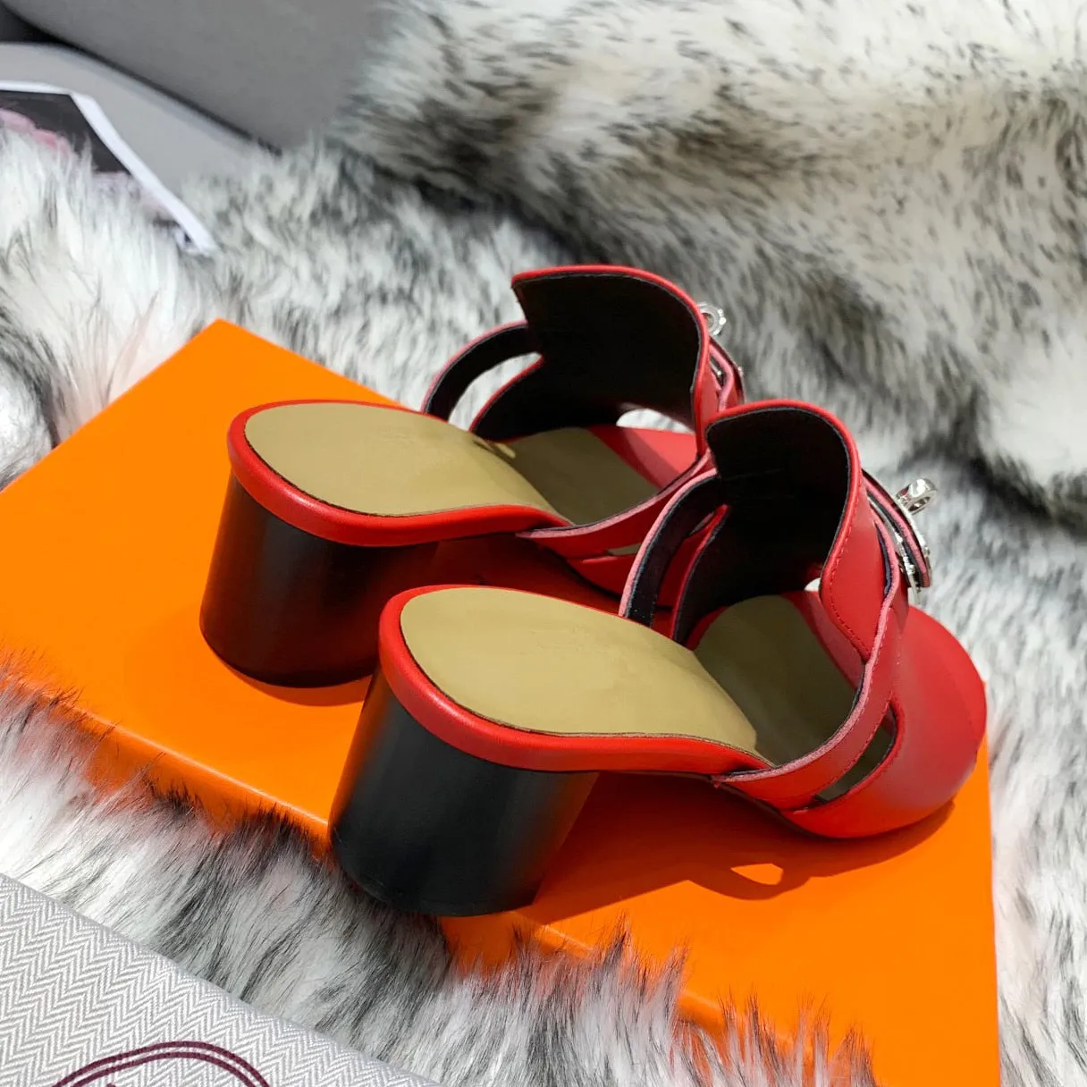 Women Natural Leather Peep Toe Slippers  High Heels