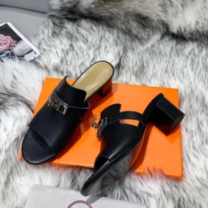 Women Natural Leather Peep Toe Slippers  High Heels