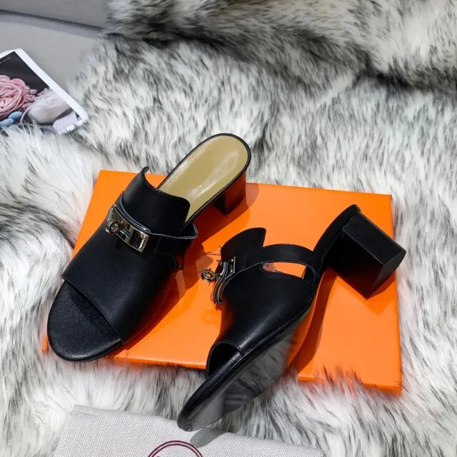 Women Natural Leather Peep Toe Slippers  High Heels