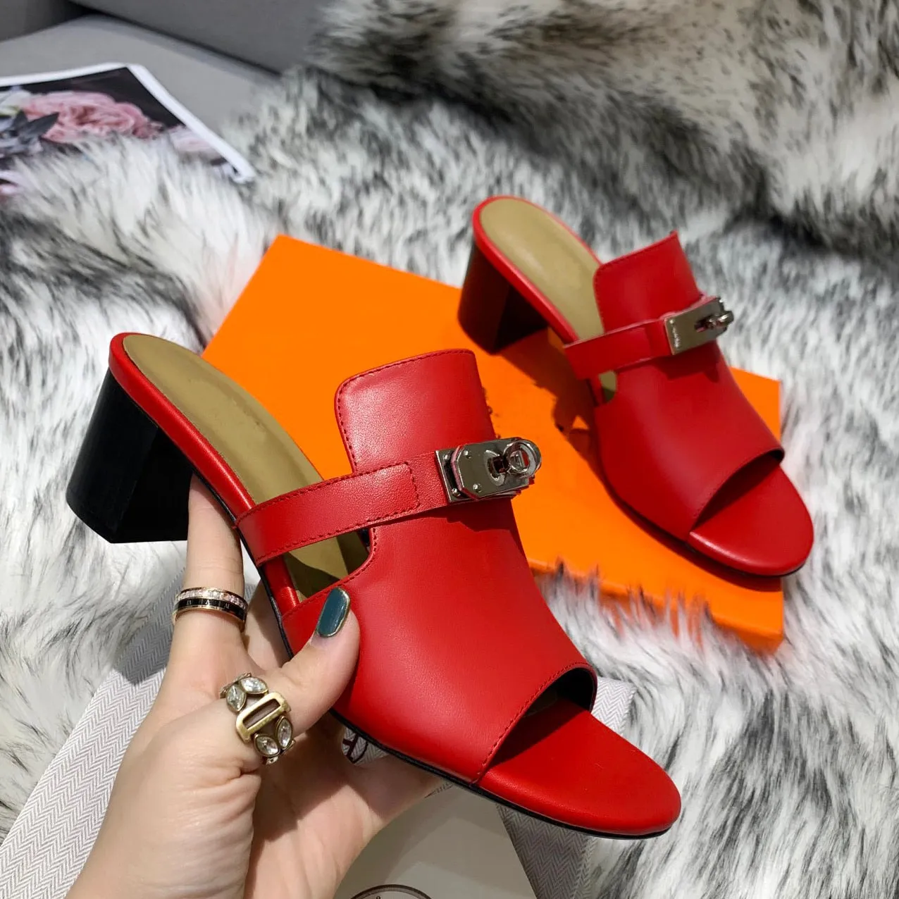 Women Natural Leather Peep Toe Slippers  High Heels