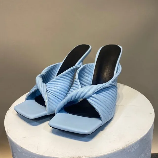Women Sheepskin Thin heel Fish Mouth Fold Mules Slipper