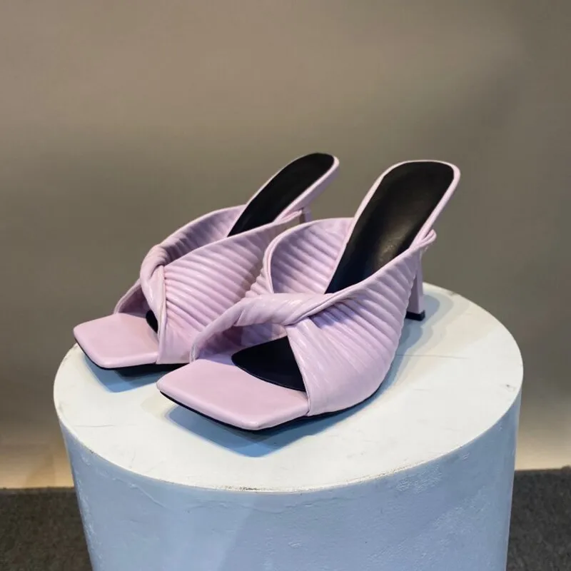 Women Sheepskin Thin heel Fish Mouth Fold Mules Slipper