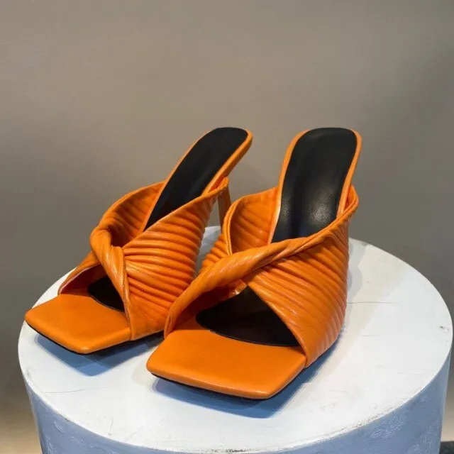Women Sheepskin Thin heel Fish Mouth Fold Mules Slipper
