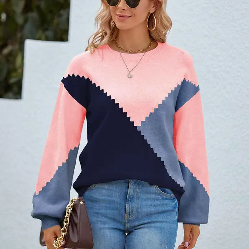 Women Sweaters-Oversized Chunky Knit Color Block Drop Shoulder Batwing Sleeve Pullover Sweater Tops K426