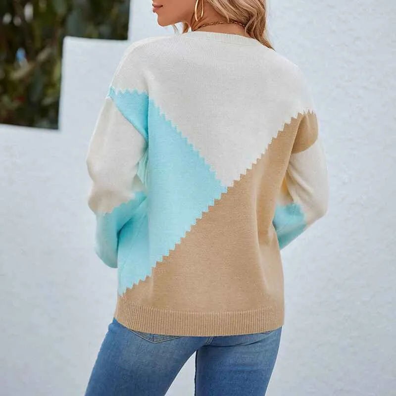 Women Sweaters-Oversized Chunky Knit Color Block Drop Shoulder Batwing Sleeve Pullover Sweater Tops K426