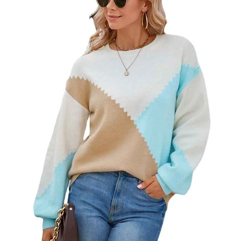 Women Sweaters-Oversized Chunky Knit Color Block Drop Shoulder Batwing Sleeve Pullover Sweater Tops K426