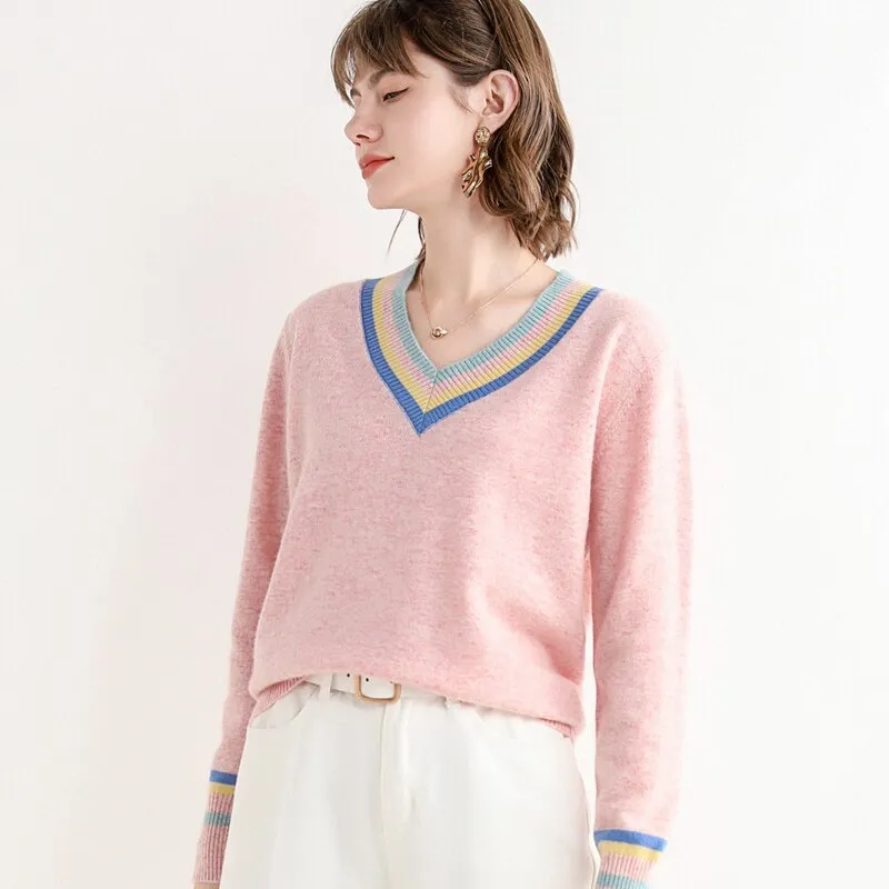 Women Wool Sweaters V Neck Warm Pullovers