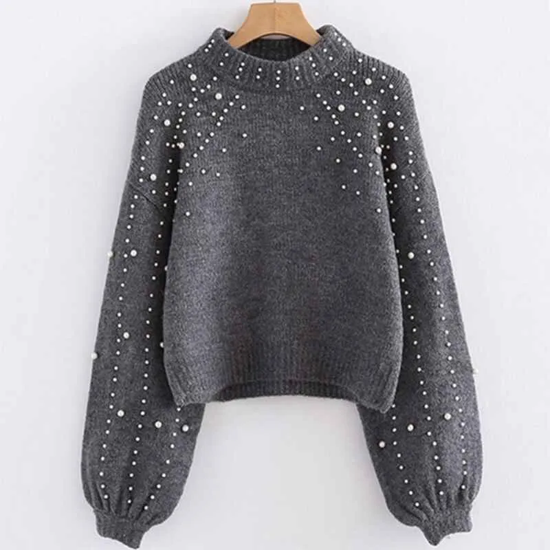 Womens Crew Neck Sweater Chunky Knit Pearl Sweater Color Block Oversized Sweaters Puff Sleeve Tops K050