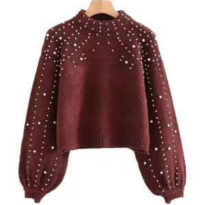 Womens Crew Neck Sweater Chunky Knit Pearl Sweater Color Block Oversized Sweaters Puff Sleeve Tops K050