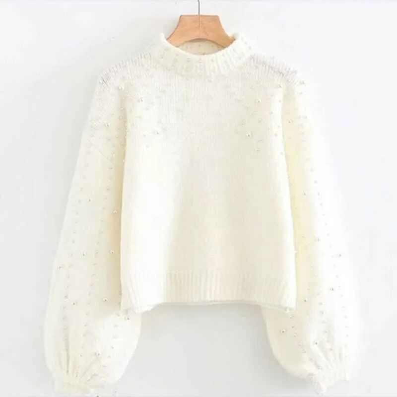 Womens Crew Neck Sweater Chunky Knit Pearl Sweater Color Block Oversized Sweaters Puff Sleeve Tops K050