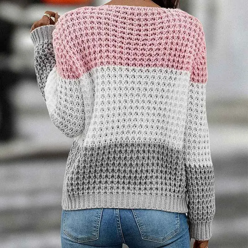 Women's Crewneck Color Block Sweaters Long Sleeve Casual Knit Pullover Sweater Jumpers K572