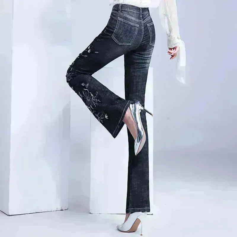 Women's Embroidered Bootcut High Waist Slim Fit Flared Jeans Trouser pant