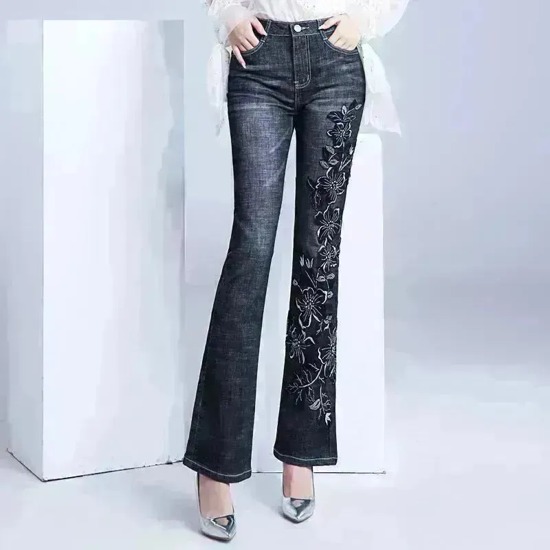 Women's Embroidered Bootcut High Waist Slim Fit Flared Jeans Trouser pant