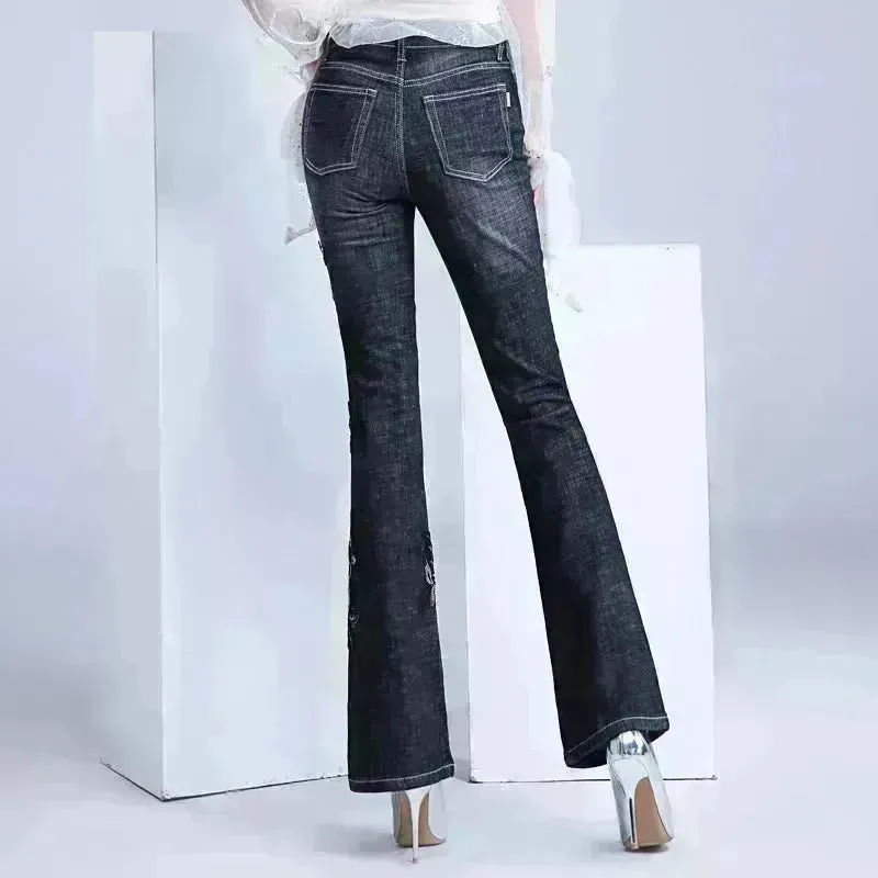 Women's Embroidered Bootcut High Waist Slim Fit Flared Jeans Trouser pant