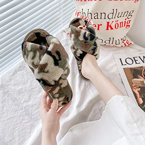 Women's Fuzzy Slippers（Green Camouflage）