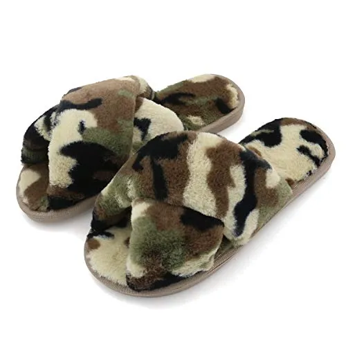 Women's Fuzzy Slippers（Green Camouflage）