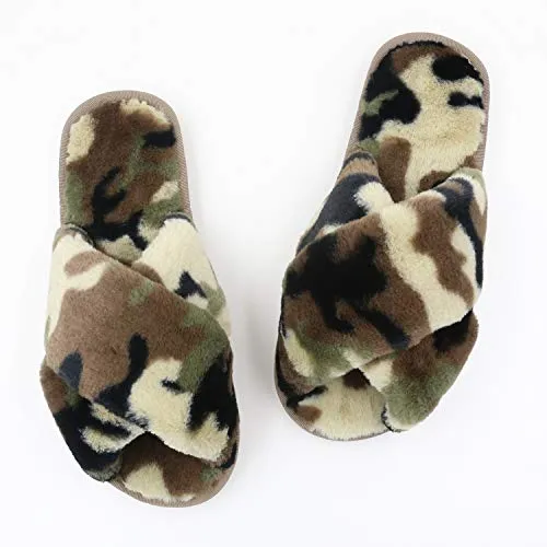 Women's Fuzzy Slippers（Green Camouflage）
