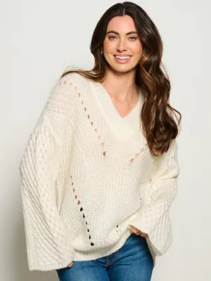 WOMEN'S LONG BELL SLEEVES V-NECK KNIT PULLOVER SWEATER