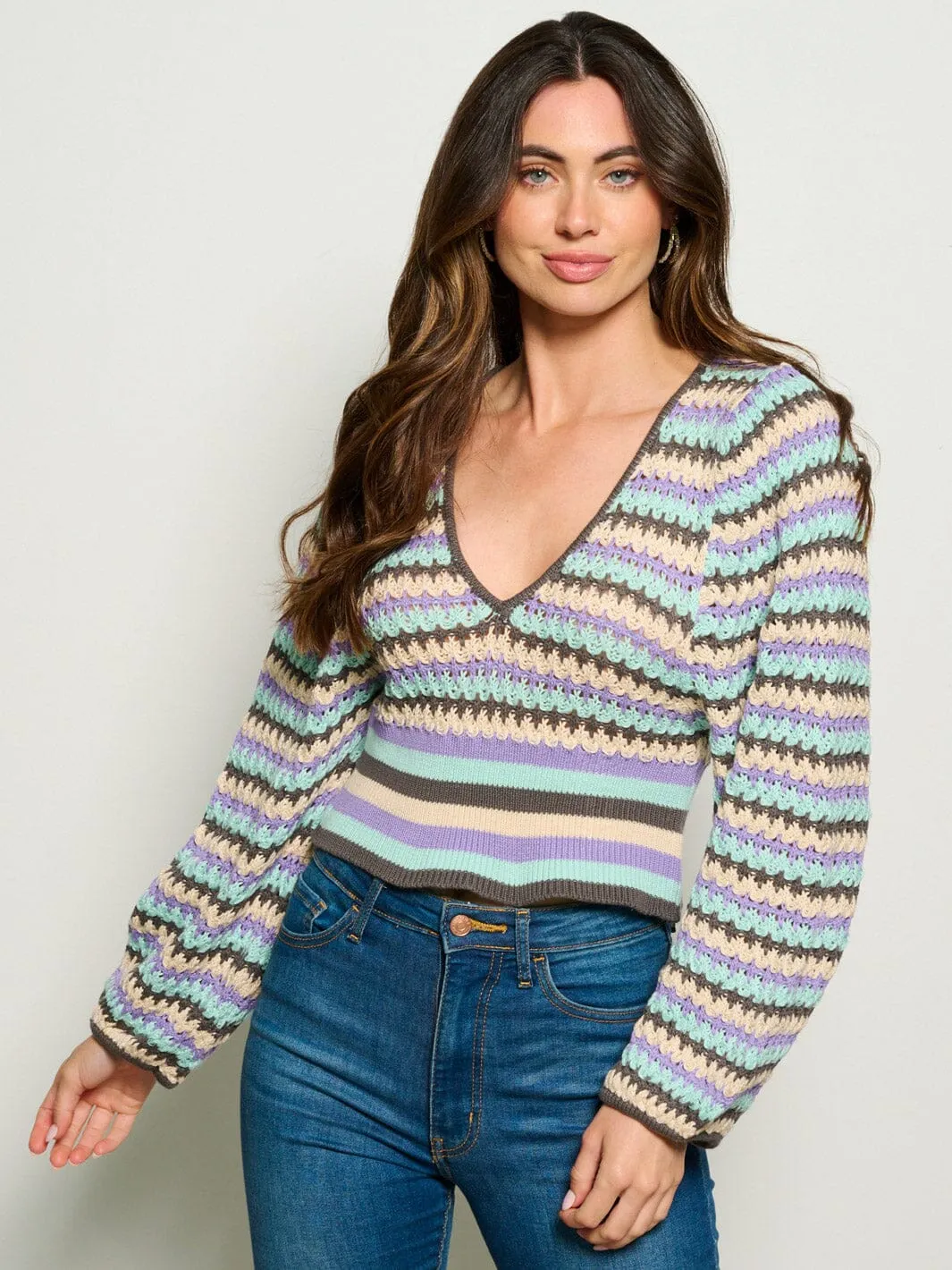 WOMEN'S LONG SLEEVE V-NECK KNIT MULTI SWEATER