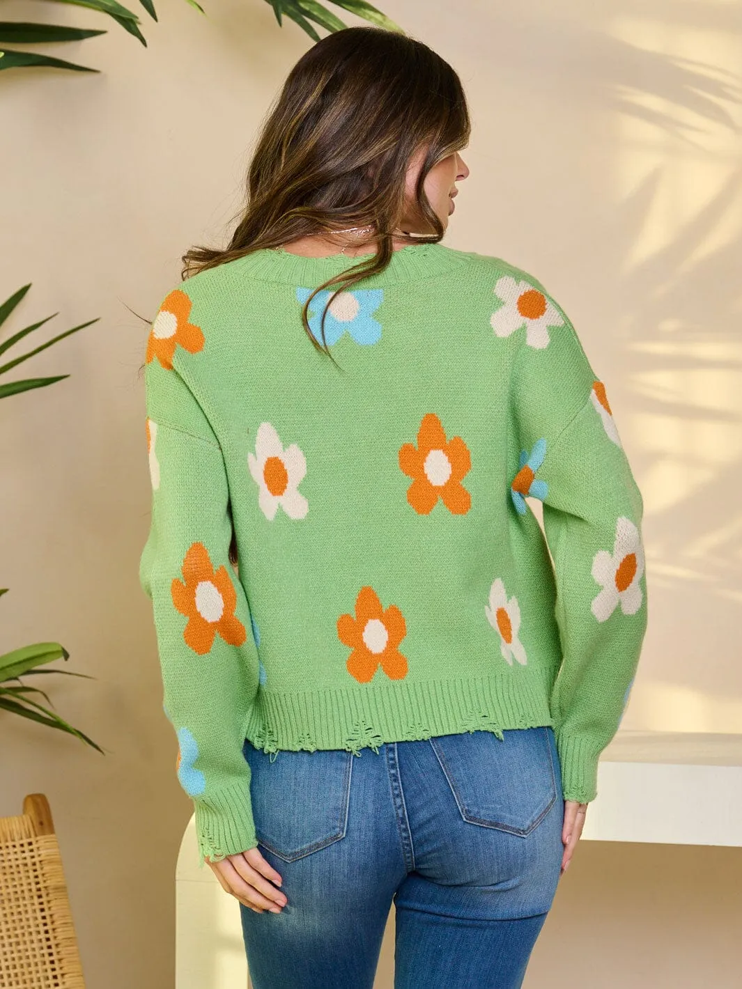 WOMEN'S LONG SLEEVE V-NECK PULLOVER FLORAL SWEATER
