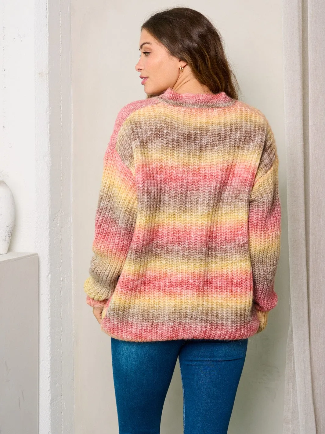 WOMEN'S LONG SLEEVES V-NECK MULTI COLOR SWEATER