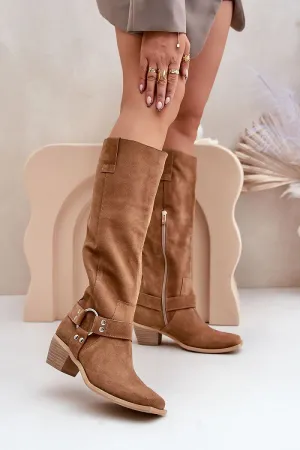 Women's natural leather knee-high heel boots