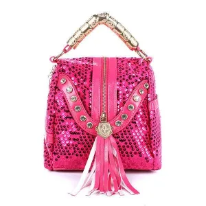 Women's Rhinestone Sequined Tassel Zip Messenger Handbag 3 Color Options