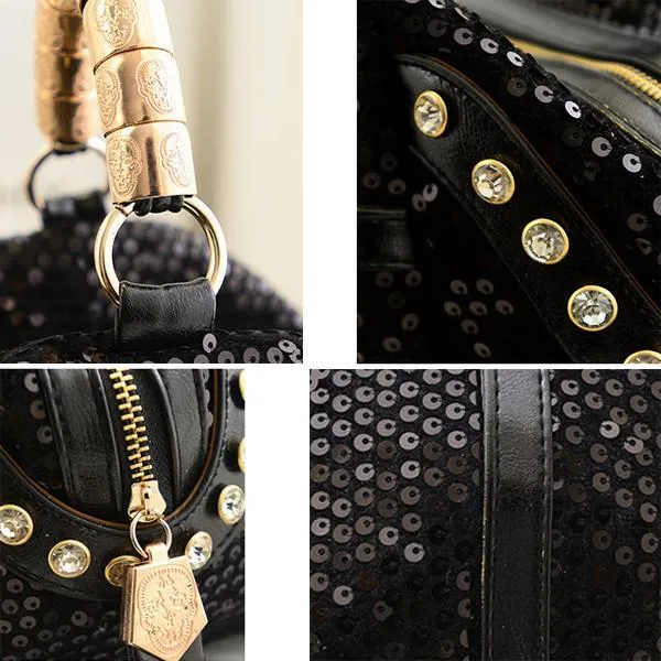 Women's Rhinestone Sequined Tassel Zip Messenger Handbag 3 Color Options