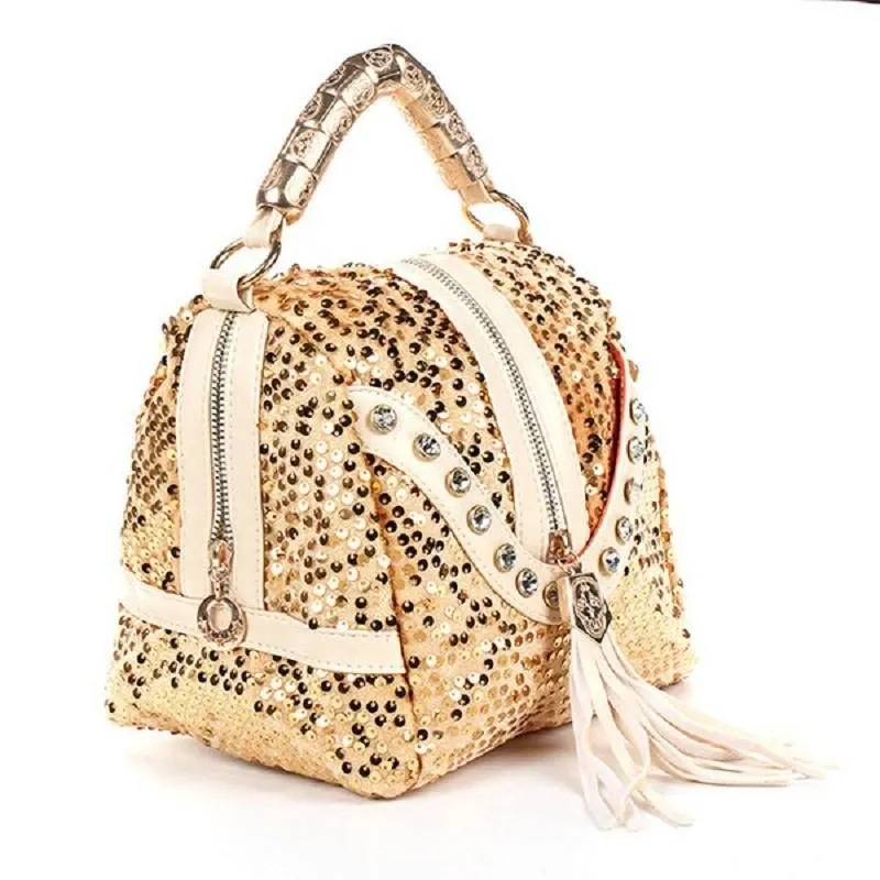 Women's Rhinestone Sequined Tassel Zip Messenger Handbag 3 Color Options