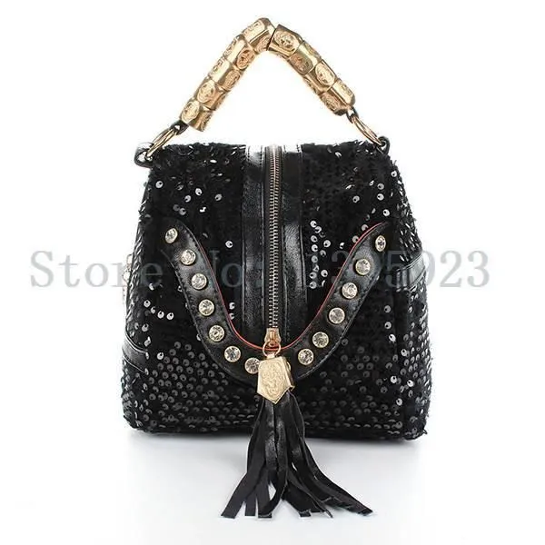 Women's Rhinestone Sequined Tassel Zip Messenger Handbag 3 Color Options