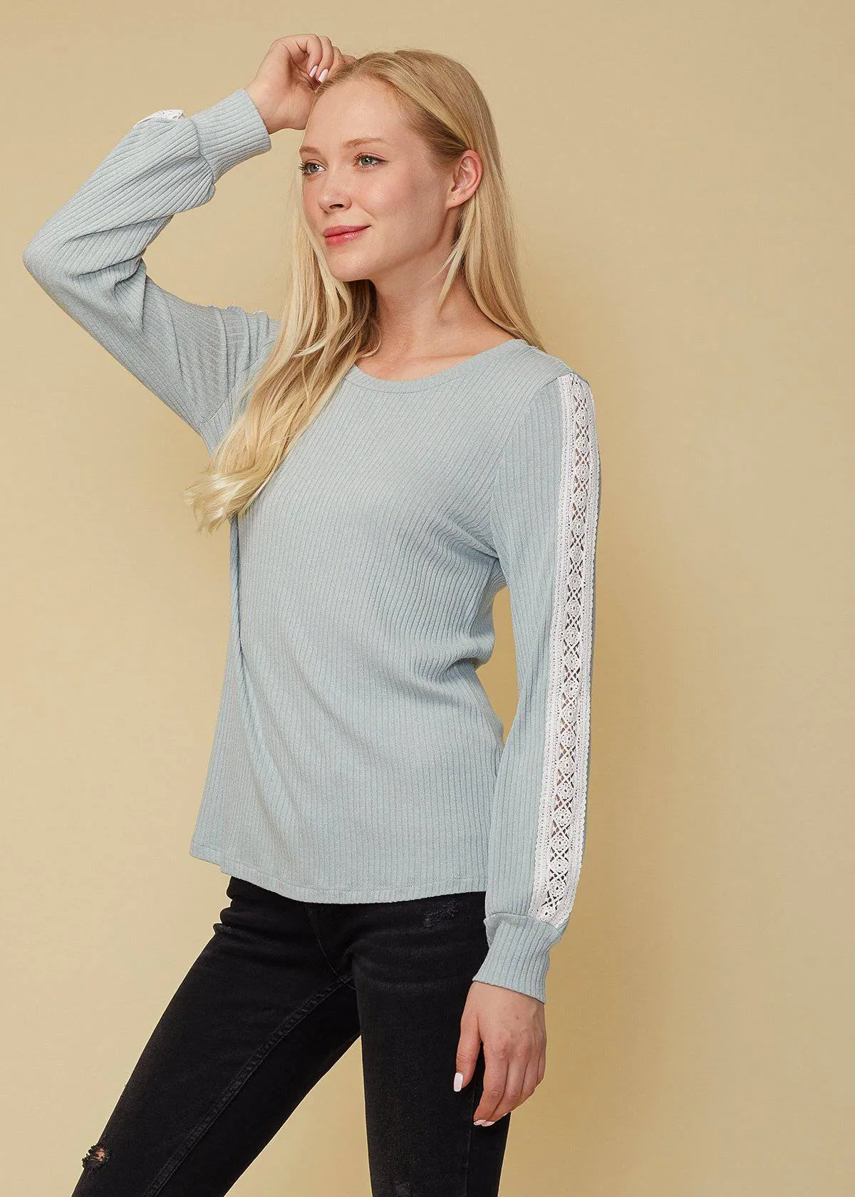 Women's Round Neck Sweater With Long Cuff Sleeves in Powder Mint