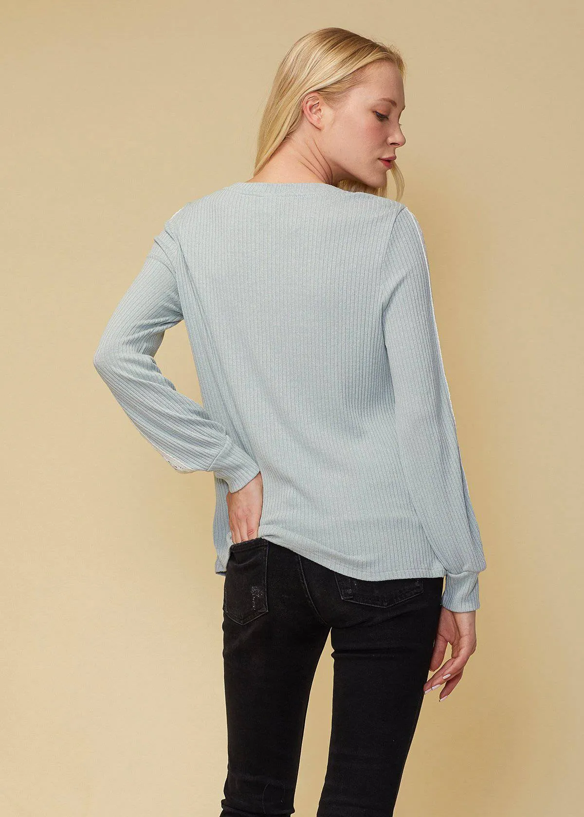 Women's Round Neck Sweater With Long Cuff Sleeves in Powder Mint