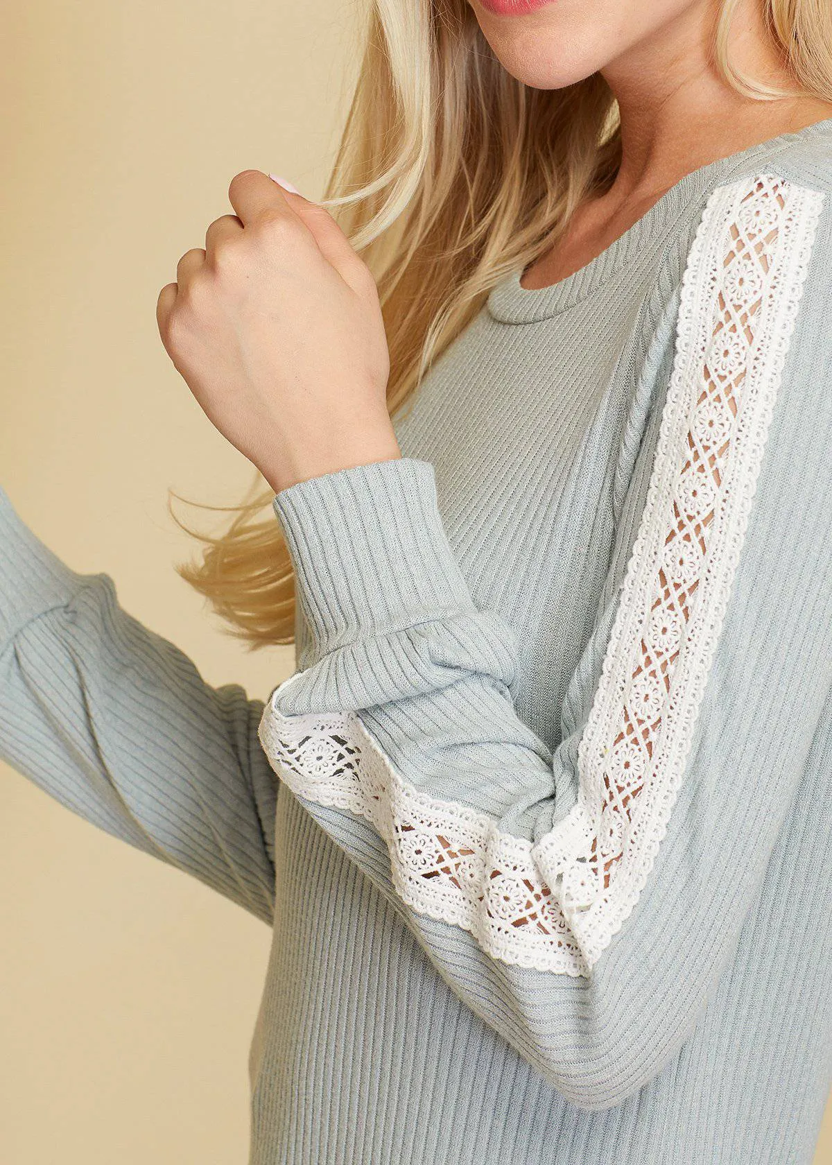 Women's Round Neck Sweater With Long Cuff Sleeves in Powder Mint