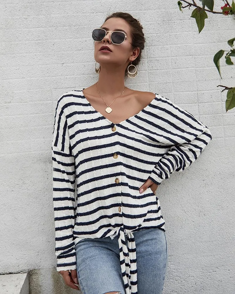 Women's Striped Tie Knot Button Down Shirts Casual Blouse