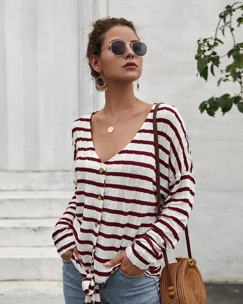 Women's Striped Tie Knot Button Down Shirts Casual Blouse