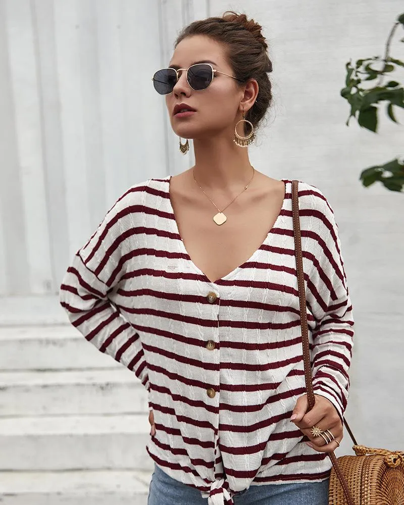 Women's Striped Tie Knot Button Down Shirts Casual Blouse